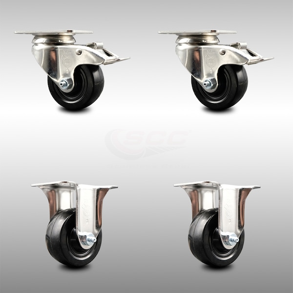 3 Inch 316SS Soft Rubber Wheel Swivel Top Plate Caster Lock Brake 2 Rigid, 2PK